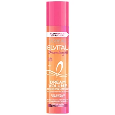 Bild av L&#039;Oréal Paris Elvital torrschampo för platt hår, 24 timmar doft, utan synliga rester, mot feta metoder, med vitaminer och ricinolja, Dream Volume Dry schampo, 1 x 200 ml
