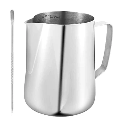 Bild av Mjölkkkkanna, 900 ml/3,3 oz rostfritt stål handhållen mjölk kaffe skummande kanna barista mjölkkanna kopp med mätmärke och latte konstpenna för att göra cappuccino konst