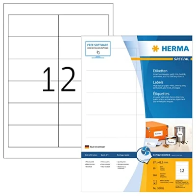 Bild av HERMA 10781 adressklistermärke för bläckstråleskrivare DIN A4 (97 x 42,3 mm, 80 ark, papper, matt) självhäftande, utskrivbara, permanenta adressetiketter, 960 självhäftande etiketter, vit