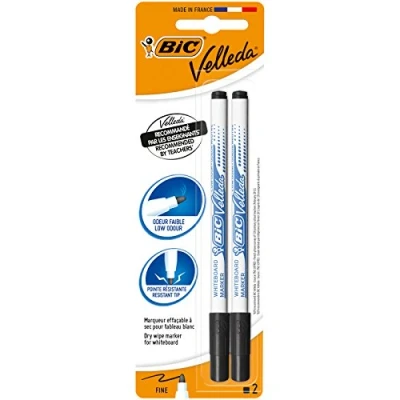 Bild av BIC Velleda Whiteboard pennor, markörer för torrtorkning i svart, låg lukt och med resistent, tunn spets, 2 pack