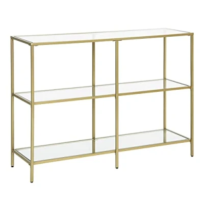 Bild av Vasagle LGT27G Konsolbord, hylla, 3 hyllor av härdat glas, hallbord, 30 x 100 73 cm, metallram, modern, för hall, vardagsrum, sovrum, guldfärgat transparent