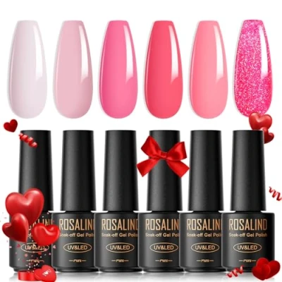 Bild av ROSALIND UV nagellack rosa, 6 pastellfärger Mini gel nagellack, set vit ljusrosa mörkrosa glitter rosa Soak Off för nybörjare nagelkonst salong DIY hem