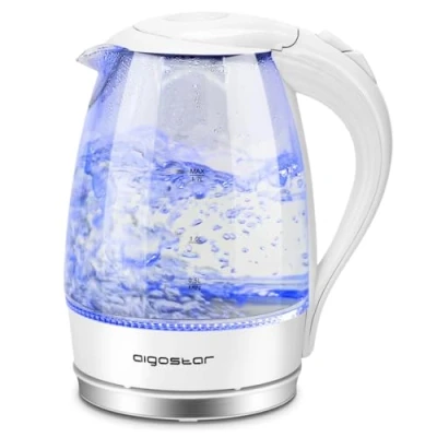 Bild av Aigostar Eve vattenkokare glas 1,7 liter vit, glasvattenkokare LED belysning, optimerad pip, kalkfilter, 360 bas, 2200 watt, automatisk avstängning torrskydd, rostfritt stål värmeelement