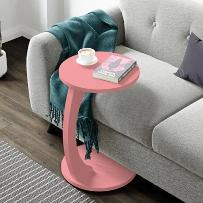 Bild av [en.casa] Holeby C format sidobord runt soffbord vardagsrum med 4 hjul mångsidig användning 56 x Ø 38 cm rosa