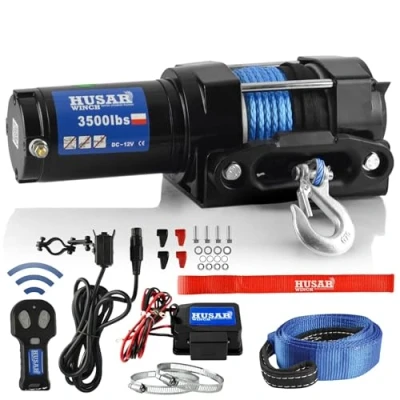 Bild av Husar Winch Elektrisk vinsch 12 V, 1 587 kg (3 500 pound), syntetiskt rep, meter, trådlös styrning, planetväxellåda, automatisk broms perfekt för fyrhjulingar och ATV/UTV