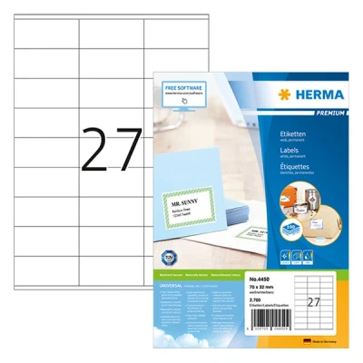 Bild av HERMA 4450 universella etiketter A4 små (70 x 32 mm, 100 ark, papper, matt) självhäftande, utskrivbara, permanenta adressetiketter, 2 700 klistermärken, vit