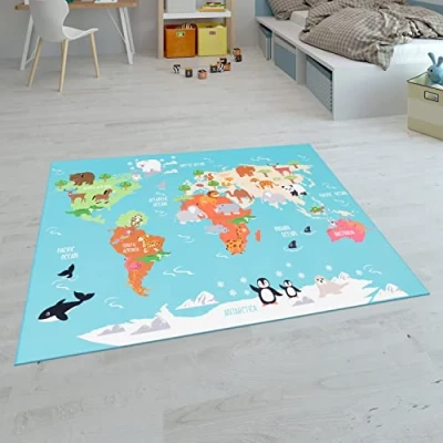 Bild av Paco Home Barnmattor, Stora mattor för Barnrum med olika Designer Lekmattor Färgglada, Storlek:140x200 cm, Färg:Turkos