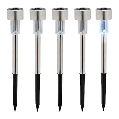 Bild av Relaxdays Solcellslampor set om 5, kallvit, vattentät, skymningssensor, LED solcellsljus, H x D: 31 4,5 cm, silver/svart, metall