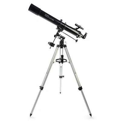 Bild av Celestron 21048 PowerSeeker 80EQ refraktorteleskop innehåller två okularlinser, upprätt bilddiagonal, 3x Barlow lins, höjdjusterbar tripod och De lux tillbehörsfack, svart