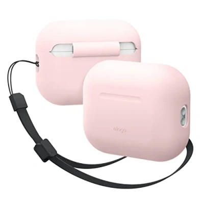 Bild av elago Kompatibel med AirPods Pro 2 fodral (2022), silikonfodral snodd kompatibelt Apple 2:a generationens fodral, främre LED synlig, tygsnodd ingår (härligt rosa)