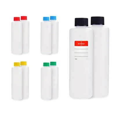Bild av Octopus 10 x 250 ml plastflaskor, HDPE plastflaskor med färgglada skruvlock, runda tomma flaskor färgade inkl. märkningsetiketter