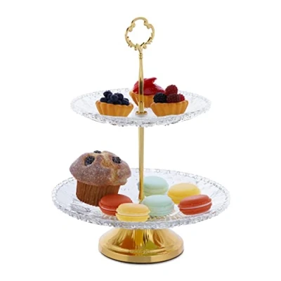 Bild av Relaxdays våningar, glas och järn, H x D: 30 23 cm, runt serveringsställ, 2 cupcake stativ, transparent/guld