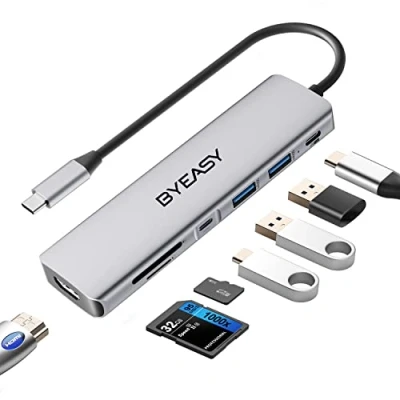 Bild av BYEASY USB C hub, 7 i 1 splitter med 4K HDMI, SD/TF kortläsare, 100 W strömförsörjning, 0,6 m kabel ultratunn adapter kompatibel för bärbar dator och andra typ enheter