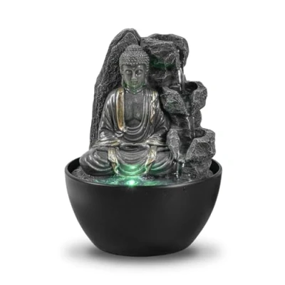 Bild av Avkopplande Buddha inomhusfontän vattenfallsfontän Zen Feng Shui dekoration Smart och användbar presentidé litet pris LED ljusfontän H 18 cm Revata Zen&#039;Light