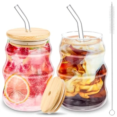 Bild av BUOAZR Set med 2 Kaffeglas, 530 ml Cappuccinokoppar i Glas, Glas Latte Macchiato koppar Lock, Krusade Teglas Sugrör och Glasborste, för öl, Mjölk, Vatten, Juice, Kaffe