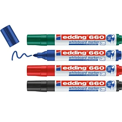 Bild av edding 660 whiteboardmarkör flerfärgad fodral med 4 pennor rund spets 1,53 mm raderbar filt för whiteboardtavlor, magnetisk, memo och konferensstaffli påfyllningsbar