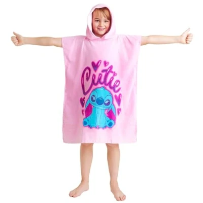 Bild av Disney Stitch badhandduk med huva för barn och tonåringar absorberande ombytesrock poncho handduk simning bad dusch strandhandduk semester nödvändigheter (rosa söm, 6 9 år)