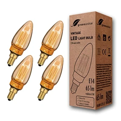 Bild av 4x greenandco® LED vintage retro glödtråd glödlampa bärnsten Edison stil E14 C35 2W 65lm 1800K (extra varm vit) 320 230V glaslampa, ingen flicker, ej dimbar