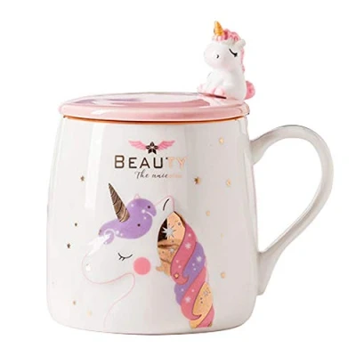 Bild av BigNoseDeer enhörningsmugg söt keramisk kaffemugg med härlig enhörningssked, morgonkopp nyhet kaffe te mjölk julmugg present för magisk enhörning älskare flickor 380 ml (rosa)