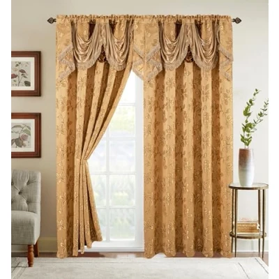 Bild av Elegant bekväm jacquard look gardin panel set med bifogad vattenfallskrans, (set 2), 137 x 213 cm, bladmönster, guld