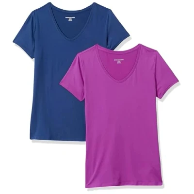 Bild av Amazon Essentials Dames Tech stretchig kortärmad V ringad T shirt (finns i plusstorlek), 2 Pack, Marinblå/Orkidélila, XS