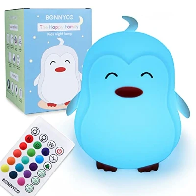Bild av Nattlampa för Barnen med Fjärrkontroll, Touch Kontroll i 16 Färger BONNYCO LED Lampa timer Silikon 100% BPA Fri Baby Pingvin Välkommen Till Världen Present &amp; Födelsedagspresent