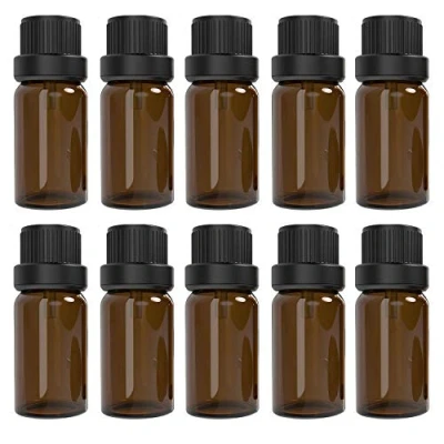 Bild av 10 st, ml eteriska oljor bärnsten glasflaskor med svart lock och 1 pipett 12 etiketter Alledomain mini tom bärnstensflaska påfyllningsbar provbehållare för massageoljor/aromaterapi/parfym