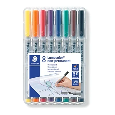Bild av Staedtler 312WP8 Lumocolor Folienstifte in Aufstellbox, wasserlöslich, 8 Stifte, Schriftstärke B, farblich sortiert, breit (ca. 1,0 2,5 mm), 312 WP8 ST