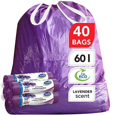 Bild av Doftande sopsäckar 40 st Miljövänliga och återvinningsbara Gjorda av avfallsplast Tunga Starka flexibla Lavendeldoft &amp; lila färg 60 liter Dragsnöre