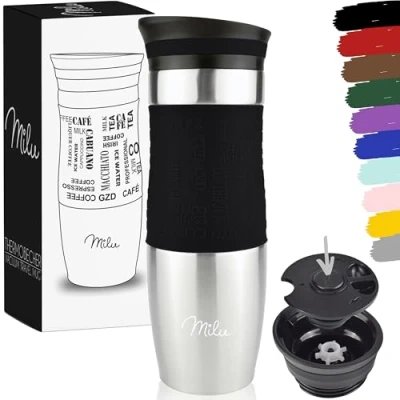Bild av Milu termomugg 370ml 450ml isolerad mugg kaffe to go 100% läckagesäker dricksmugg av rostfritt stål bilmugg dubbelväggig isolering resemugg (Svart, 450ml)