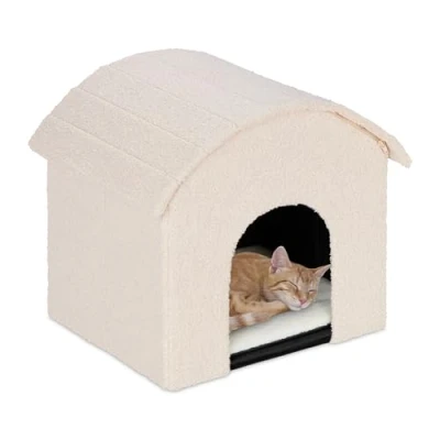 Bild av Relaxdays Kattgrotta, vikbar, fluffig, kattsovplats med klösyta, HBT: 44 x 48 41 cm, katthus, beige
