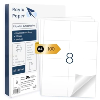 Bild av Raylu Paper ® Vita självhäftande etiketter För utskrift, A4 ark Pappersklister Inkjet skrivare, Laser Och Fotokopiatorer, 8 per (105 x 74 mm)