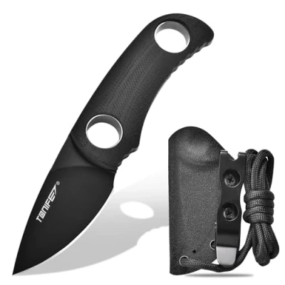 Bild av TONIFE 4,7 cm fast bladkniv, minihalskniv med Kydex fodral och snodd, EDC bärbar kniv för överlevnad utomhus (svart + titansvart)