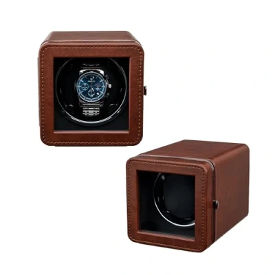 Bild av Mcbazel Automatisk klockupprullare ultratyst motor med LED ljus, 4 rotationslägen, PU läderlåda, 90 display för klockor/USB driven, vetenskaplig design, Brun