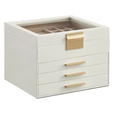 Bild av SONGMICS smyckeskrin, 4 vånings smyckeskrin med glaslock, 3 lådor, smyckeförvaring, förvaring, modern, 8 x 9,1 6,5 tum, moln vitguld JBC173W01