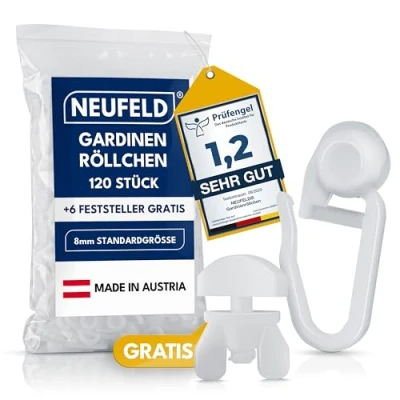 Bild av Neufeld® 120 gardinrullar för inre skenor (inkluderar 6 stopp) tvättbara I gardinkrokar glidare [8 mm standardstorlek