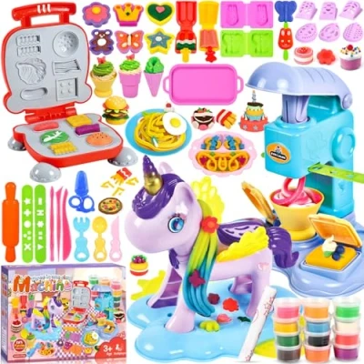 Bild av ZQEJEFD degset knådningsverktyg för barn, 59 delar Kitchen Creations Unicorn Frisörsalong lekset hamburgersglass, degtillbehör med tillbehör och 12 burkar deg,leksakspresent flickor pojkar 2 10 år