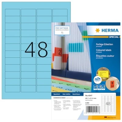 Bild av HERMA 4547 färgade etiketter A4 (45,7 x 21,2 mm, 100 ark, papper, matt) självhäftande, utskrivbara, permanenta färgetiketter, 4 800 klistermärken, blå