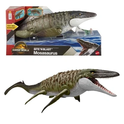 Bild av Mattel Jurassic World Rebirth Bite N Blast actionfigur föreställande en Mosasaurus och liten Dilophosaurus, dinosaurieleksak med bred käft, filmtrogen ställbar, för digital lek, JJP80