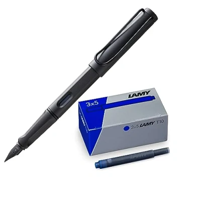 Bild av Lamy set med 1 x safari reservoarpenna i umbra fjäder medium och T10 3 bläckpatroner original kartong bläckfärg blå