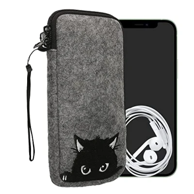 Bild av kwmobile mobilväska för smartphones XXL 7 tum mobiltelefonfiltväska nyfikken katt grå svart 17,7 x 8,5 cm innermått