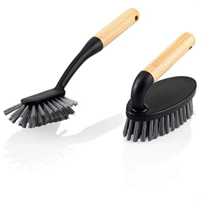 Bild av COM FOUR® 2 delat rengöringsset skurborste och diskborste perfekt av bambu robust plast för hushållet handborste (02 st. svart/bambu)