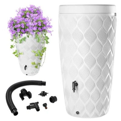 Bild av KADAX Regntunna med växtskål integrerad i locket 240 L, regnfat av plast, regnvattenbehållare kran, frostsäker regntank (vit)