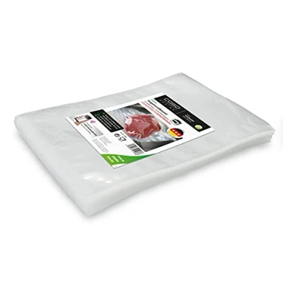 Bild av CASO Sigillkantspåse 25 x 35 cm, 90 mμ, 100 stycken, uteslutande för kammarvakuumförpackare, slät yta, stabil svetssöm, BPA fri, sous vide, tillverkad i Tyskland