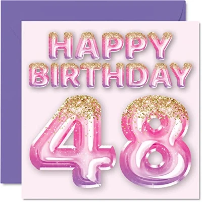 Bild av 48:e födelsedagskort för kvinnor rosa och lila glitterballonger grattis på 48 årig kvinna mamma kusin vän syster moster, 145 mm x fyrtio åtta fyrtioåttonde gratulationskort present