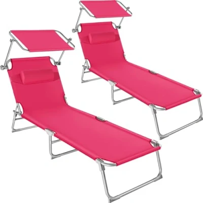 Bild av tectake® Set med 2 Solsängar Chloé, Robusta Trädgårdsstolar Justerbart Ryggstöd, Inkluderar Mjuk Huvudkudde och Soltak, Hopfällbar, Stålstativ, UV Resistent Plastfiber, Upp till 110kg Rosa