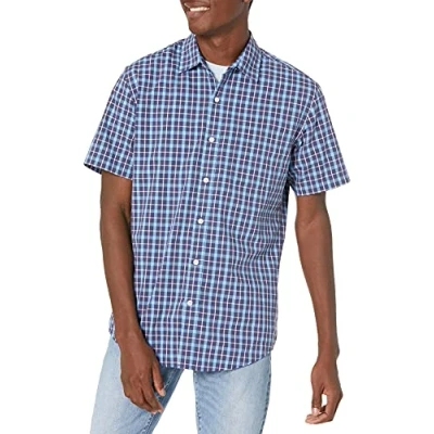Bild av Amazon Essentials Men&#039;s Kortärmad poplinskjorta med normal passform, Marinblå Rutig, L