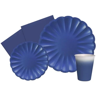 Bild av Party Flower Shape bräda för 24 personer (112 delar: tallrikar Ø23 cm, Ø18 glas 250 ml, 40 servetter 33 x cm) av miljövänligt komposterbart papper, blå