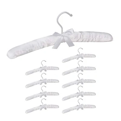 Bild av Relaxdays klädhängare satin, 5 pack, mjuk vadderad, 360 vridbar krok, dekorativ rosett, 38 cm bred, vit