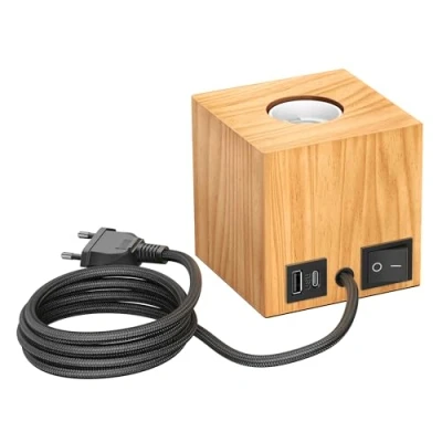 Bild av ledscom.de Bordslampa HITO, strömbrytare, USB, äkta trä (gummiträd), fyrkantig, ljusbrun, 1x E27 max. 60W